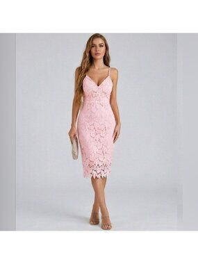Romantic V-Neck Lace Sheath Dress Pink